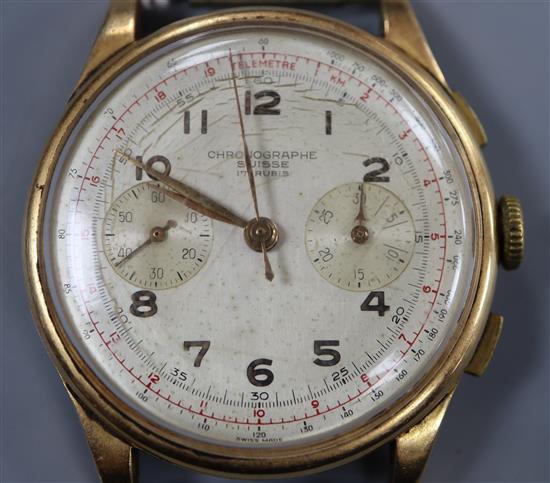 A gentlemans 1950s? Swiss 18k yellow metal chronograph wrist watch,